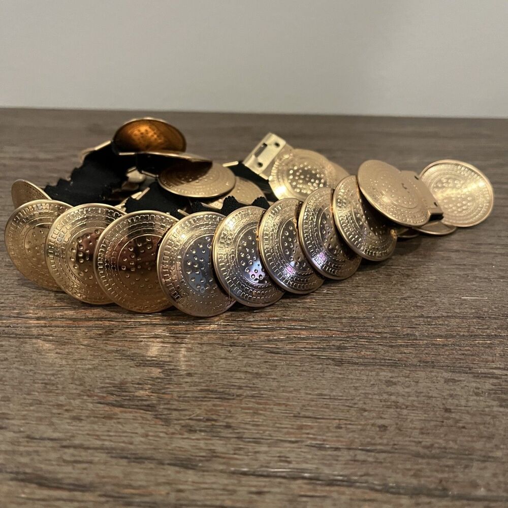 Vintage Medallion Waist Belt Gold Tone Metal Coin Stretch Elastic 30” 80s